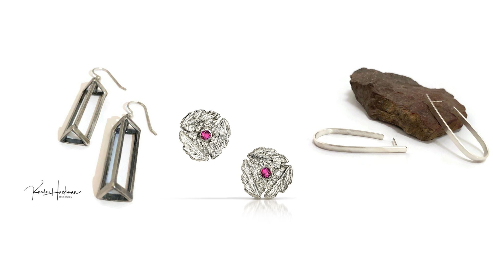 image of 3 pair of earrings: Silver pyramid earrings, triple leaf studs, horseshoe hoops