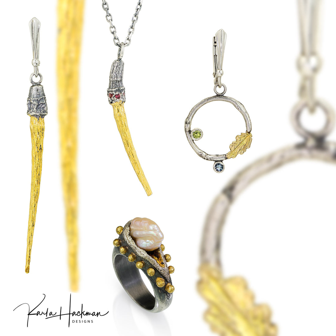 Long Tulip Poplar Spear Earrings combine dazzling 24K gold gilding and sterling silver are shown  with Tulip Poplar Stem Pendant, Standing Pearl ring, and Apple Branch Circle earrings in this grouping.