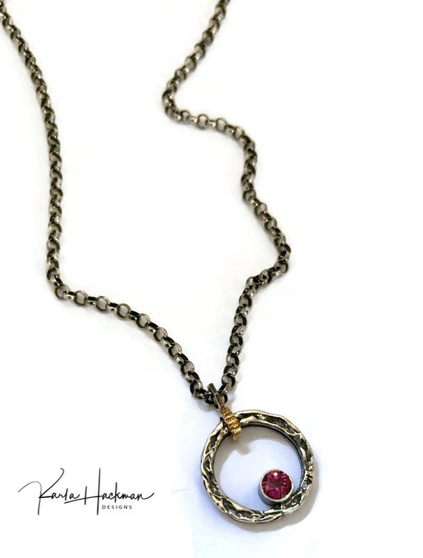 Floating Circle Vineyard Pendant with Garnet - Karla Hackman Designs