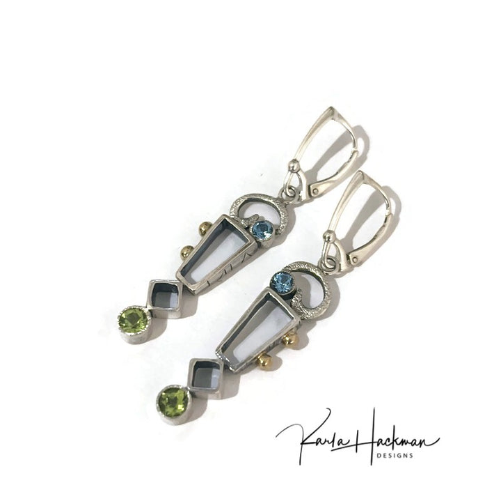 Geometric Statement Earrings in Silver & Gold! Embellished with 18K gold accents and featuring rectangles and cubes and textured elements, 5mm peridot, and 4mm Swiss blue topaz