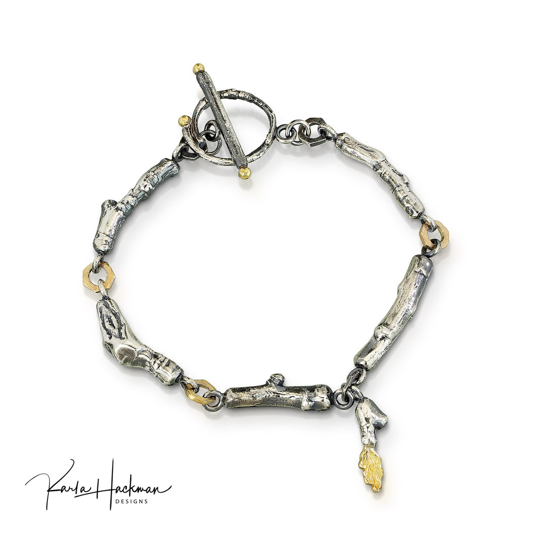Apple Branch Silver Gold Bracelet features sterling silver apple branches with 18K gold accents (balls and leaf) and 18K washer links, hand-cast from Karla's garden.
