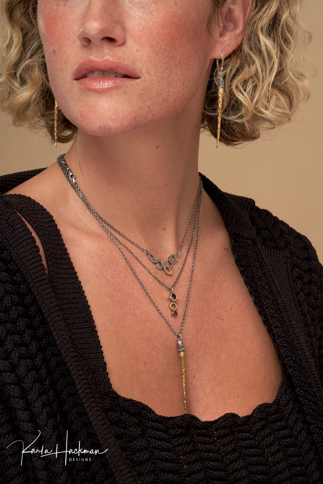 Petite Mixed Metal Pendant on model and layered with other necklaces - Karla Hackman 