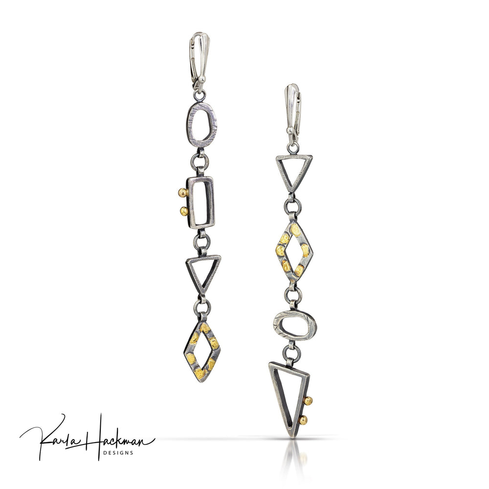 Geometric Long Drop Asymmetrical Shapes in Sterling Silver with gold accents