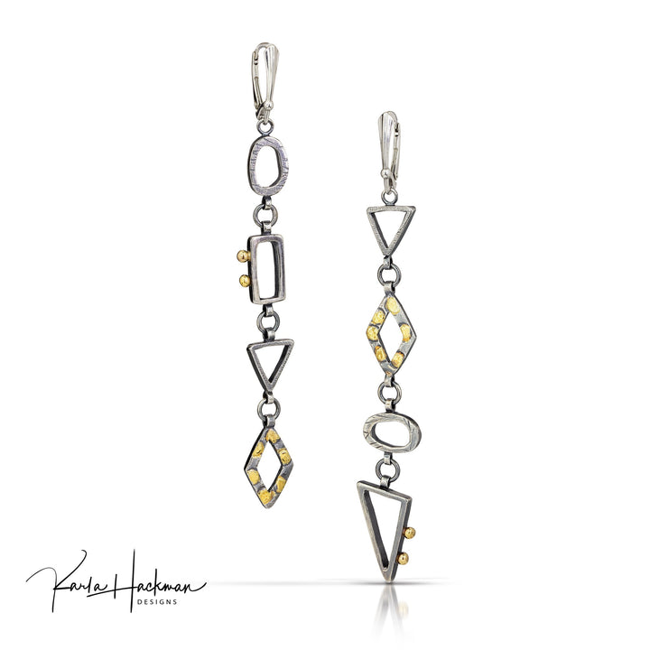 Geometric Long Drop Asymmetrical Shapes in Sterling Silver with gold accents