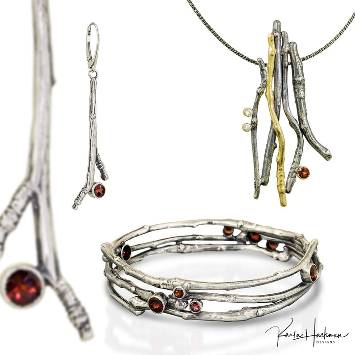 Group composition with Apple Branch Earrings with garnets, Triple Apple Branch Bracelet, and Apple Branch Silver Gold Pendant