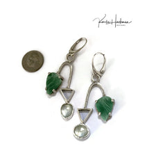 Load image into Gallery viewer, playful combination of translucent prehenite, triangular shapes, and vibrant veracite.  These modern green gemstone earrings are lightweight and move like a mobile.
