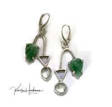 Load image into Gallery viewer, playful combination of translucent prehenite, triangular shapes, and vibrant veracite.  These modern green gemstone earrings are lightweight and move like a mobile. 
