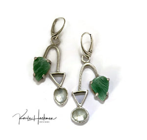 playful combination of translucent prehenite, triangular shapes, and vibrant veracite.  These modern green gemstone earrings are lightweight and move like a mobile. 