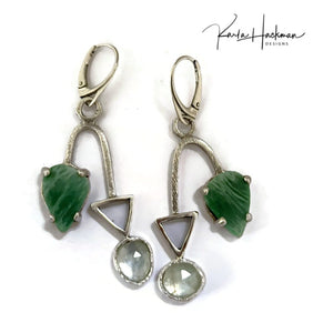 playful combination of translucent prehenite, triangular shapes, and vibrant veracite.  These modern green gemstone earrings are lightweight and move like a mobile.