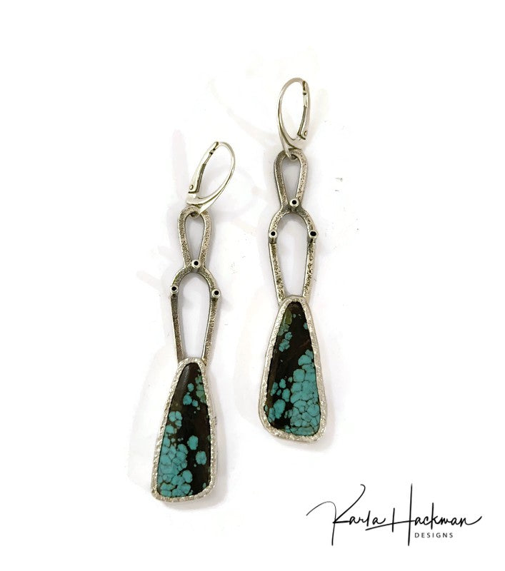 Turquoise Statement Earrings! crafted from Hubei turquoise and sterling silver, they feature a one-of-a-kind spoke design and textural detailing