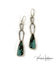 Load image into Gallery viewer, Turquoise Statement Earrings! crafted from Hubei turquoise and sterling silver, they feature a one-of-a-kind spoke design and textural detailing
