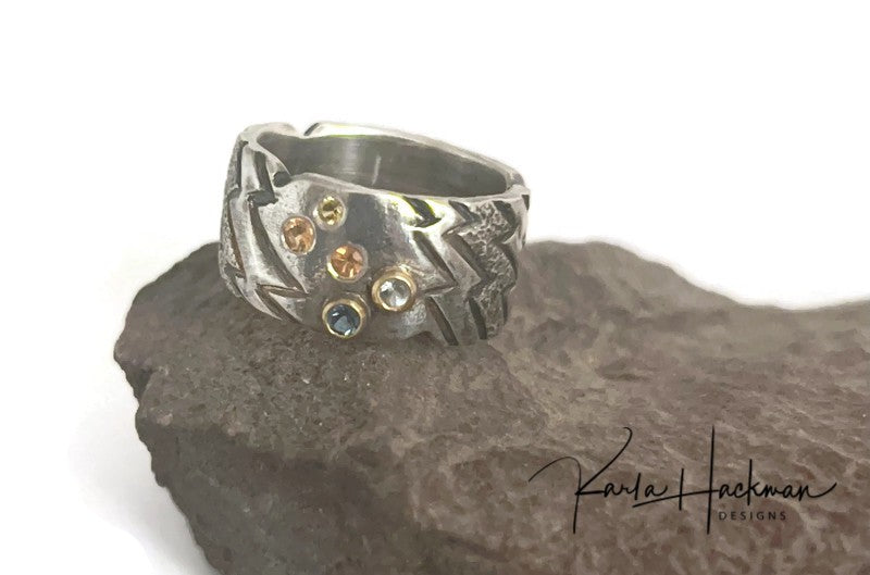 lightening rod texture ring with natural. multi-color sapphires-Karla Hackman Designs