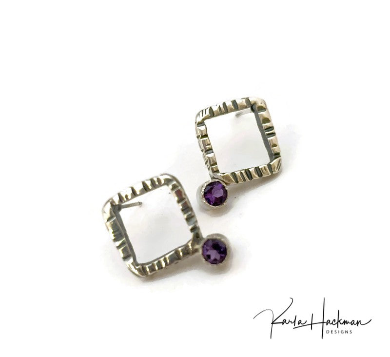 These modern handmade earrings are crafted in sterling silver with 4mm amethyst (the first pair in this color) - a unique blend of sophistication and class. 