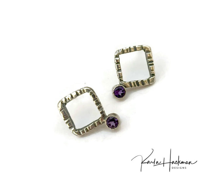 These modern handmade earrings are crafted in sterling silver with 4mm amethyst (the first pair in this color) - a unique blend of sophistication and class. 