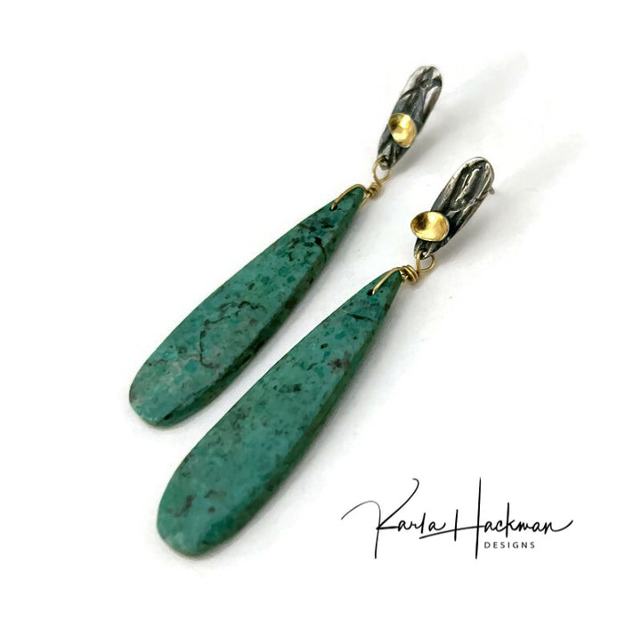 Statement Stud Earrings with Chrysocolla Teardrops