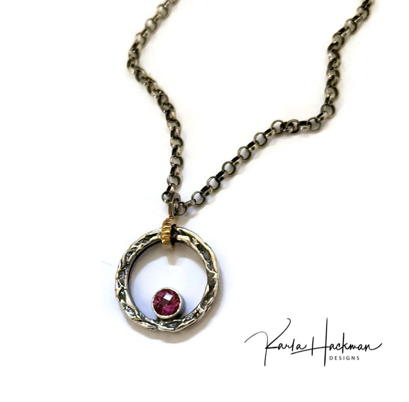 Floating Circle Vineyard Pendant with Garnet - Karla Hackman Designs