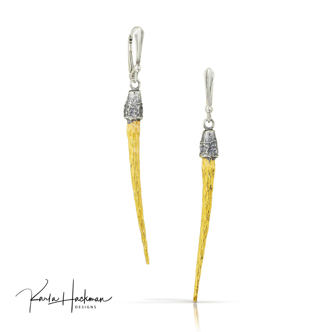 Long Tulip Poplar Spear Earrings combine dazzling 24K gold gilding over silver at the bottom and sterling silver top with sterling silver lever backs.