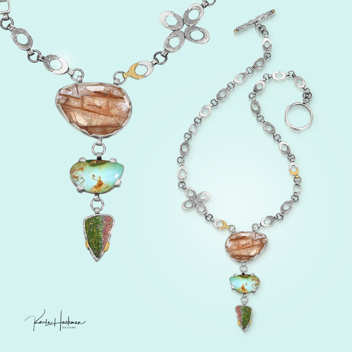Necklace with natural stone pendants on a light blue background