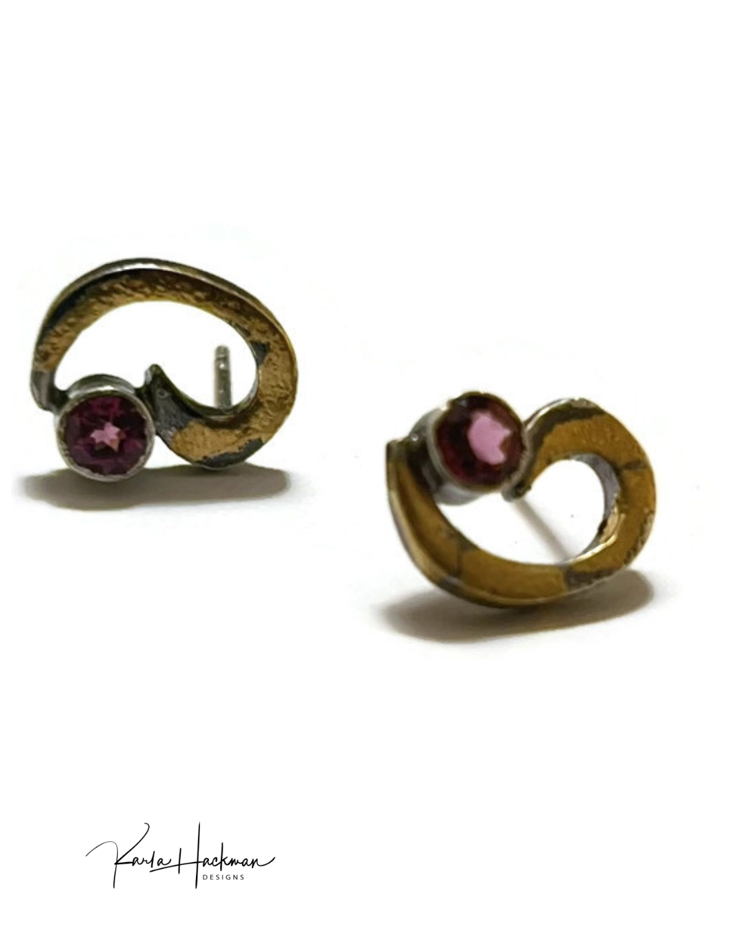 oxidized sterling silver earrings with 23K gold gilding and pink garnets-Karla Hackman Designs