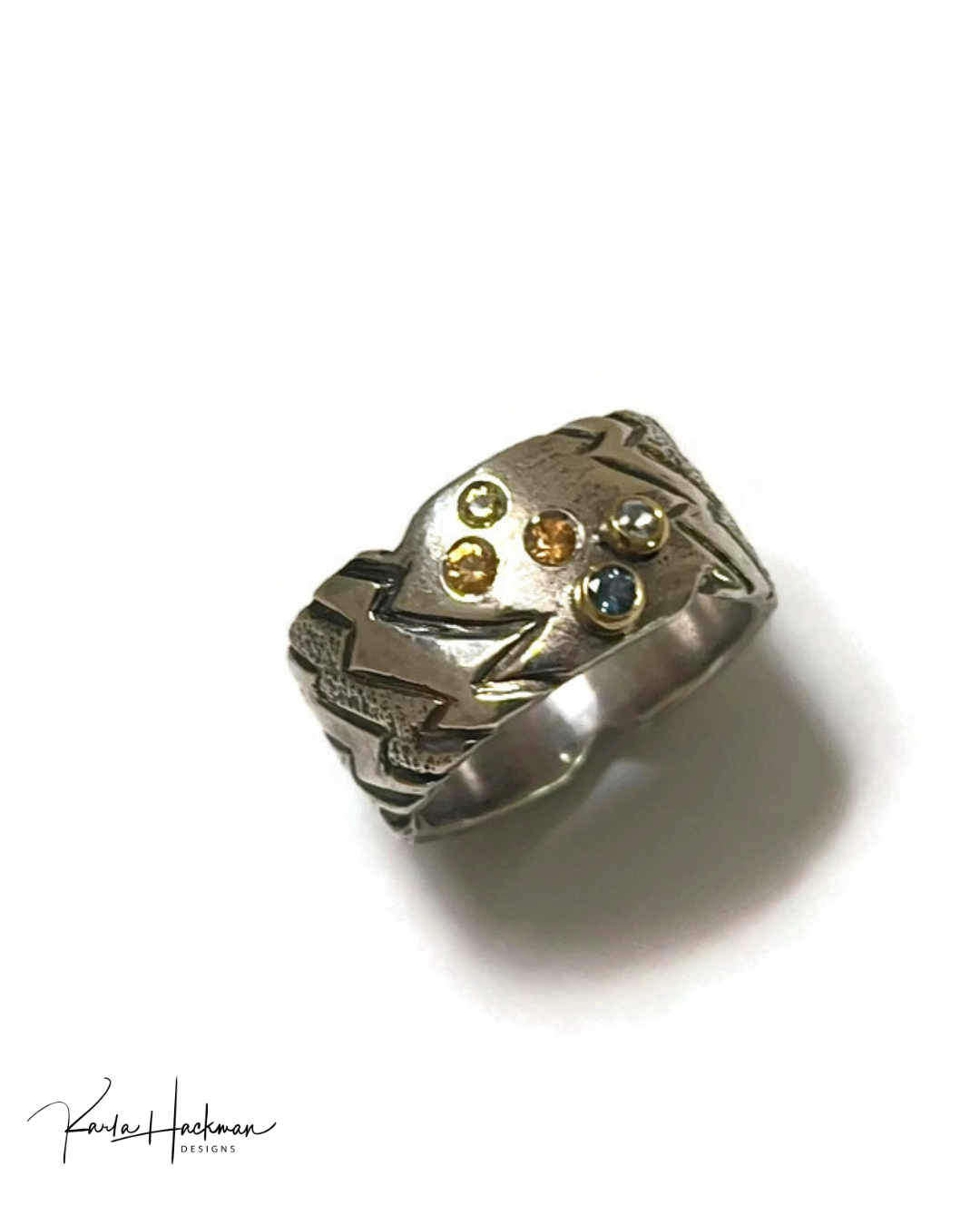 lightening rod texture ring with natural. multi-color sapphires-Karla Hackman Designs