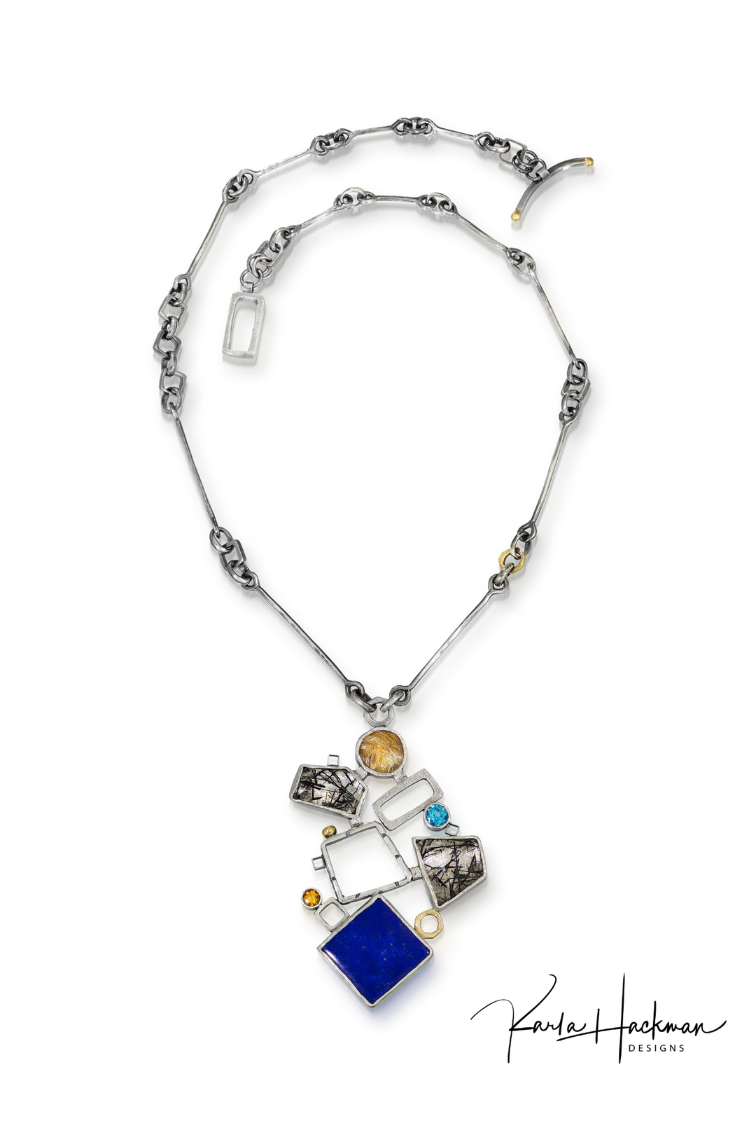 Necklace with colorful pendant on a white background, featuring the Karla Hackman Designs logo.