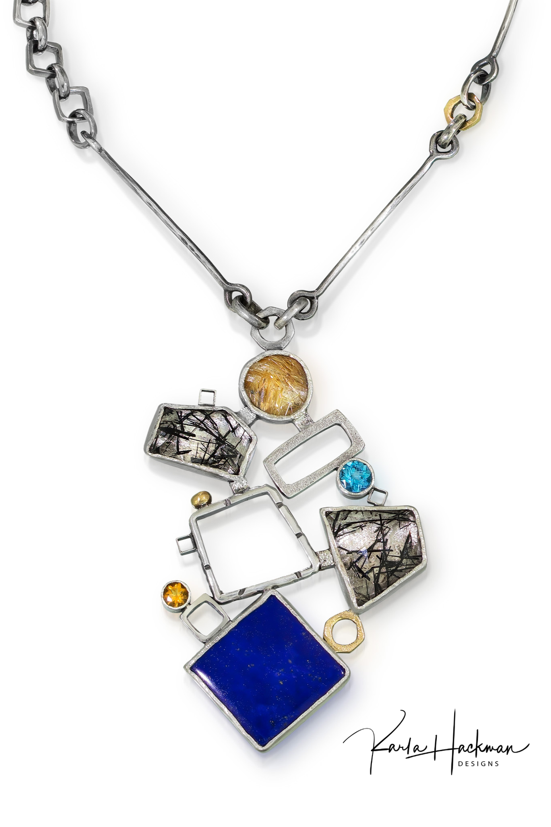 Necklace with geometric pendant featuring various stones on a white background