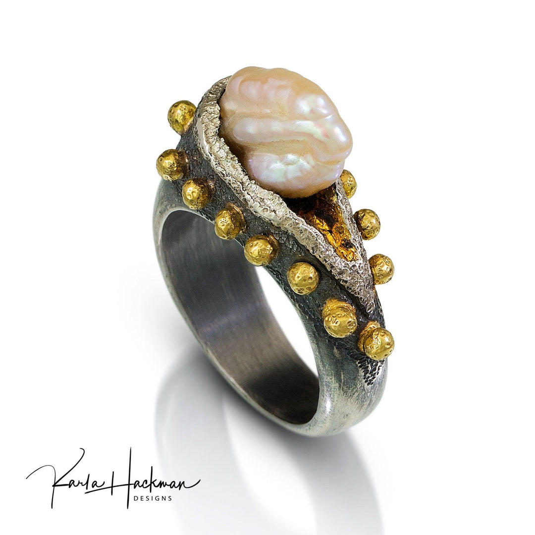 Freshwater Pearl Ring in Sterling Silver and 22 Karat Gold - Karla Hackman Designs