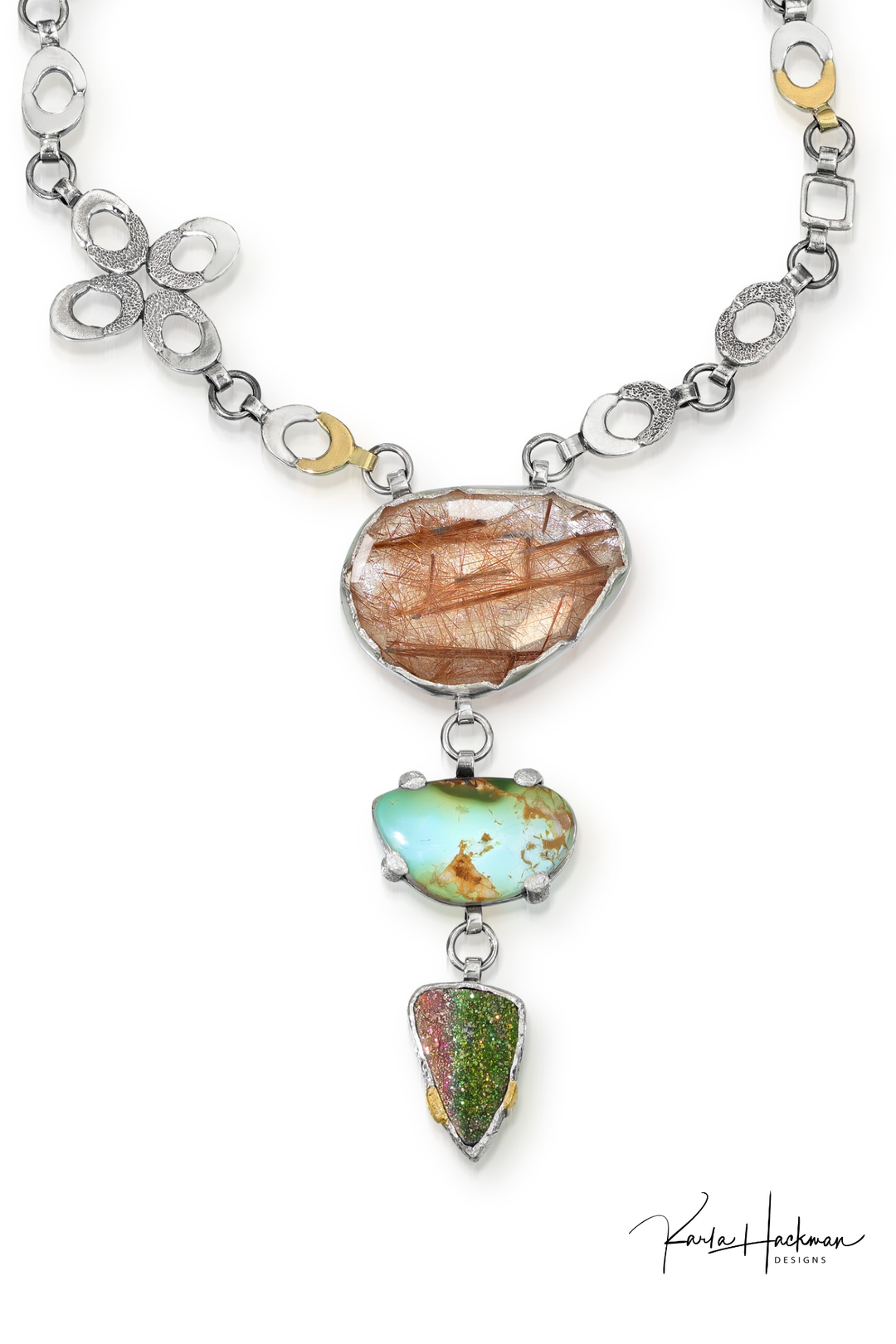 Necklace with natural stone pendants on a white background
