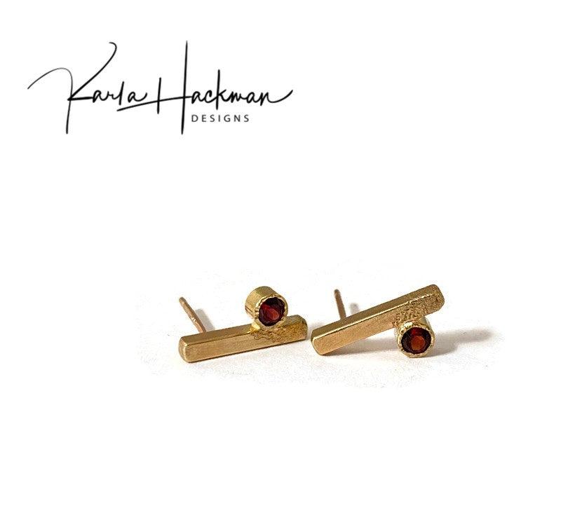 18K Gold Bar & Garnet Stud Earrings - Karla Hackman Designs