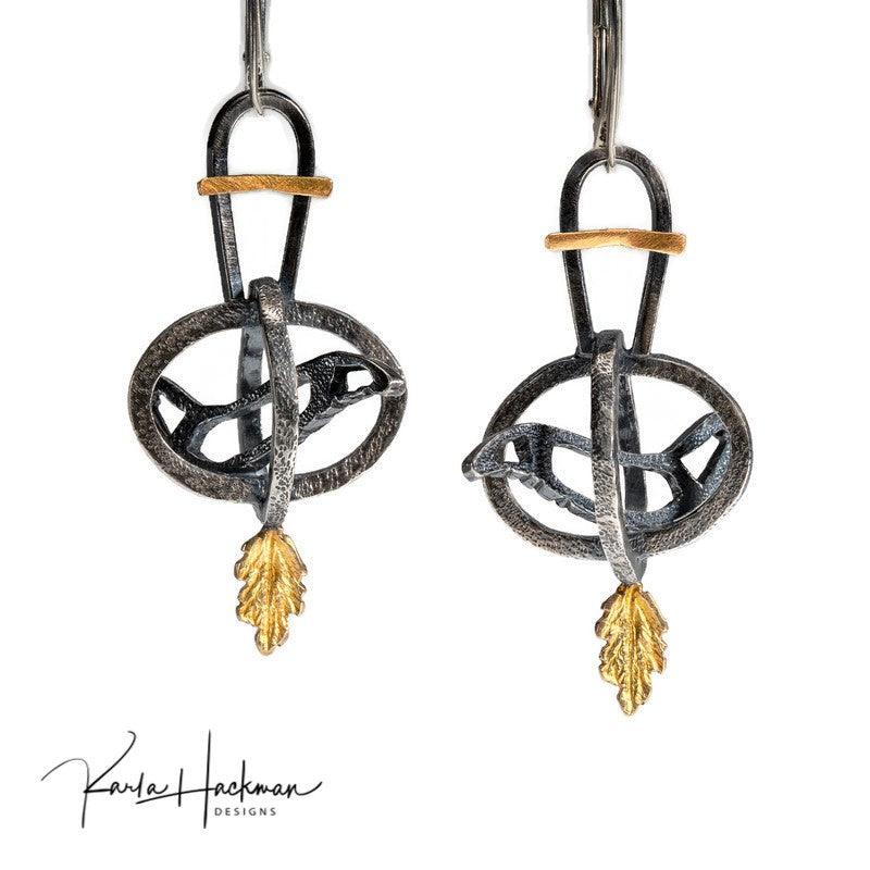 Caged Bird Earrings in Sterling Silver and 18K Gold - Karla Hackman Designs
