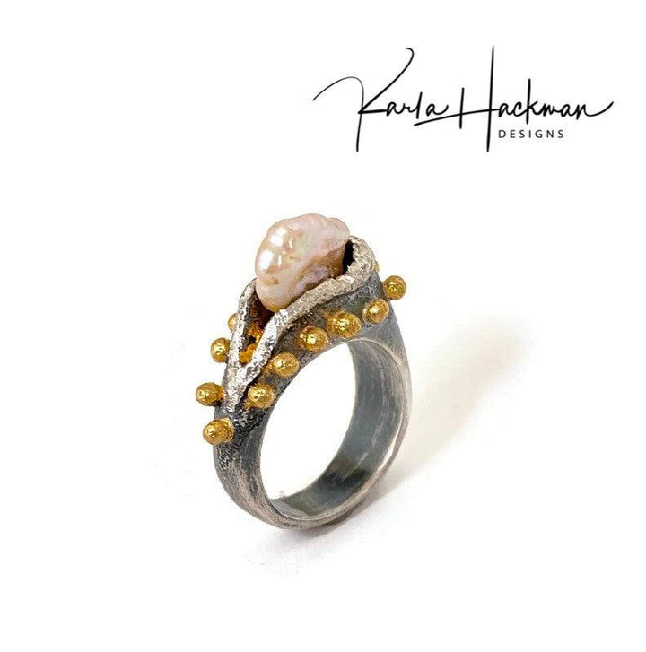 Freshwater Pearl Ring in Sterling Silver and 22 Karat Gold - Karla Hackman Designs